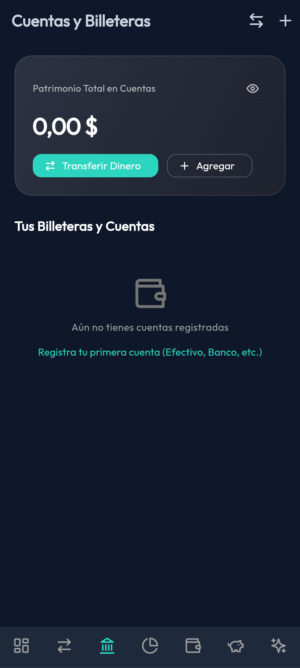 Cuentas y Billeteras: Centraliza tus bancos, efectivo y cuentas en un solo lugar seguro